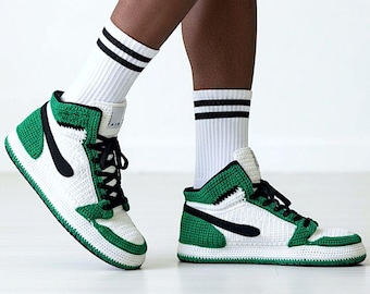 Jordan Häkeln Retro Basketball Hausschuhe High-Top, Grün Weiß Strick Sneaker Slipper, Unisex, Rutschfeste Sohle, Handgemacht