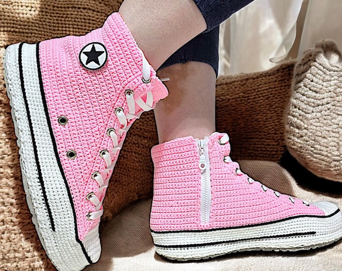 Handmade Crochet Converse-Inspired Pink High Top Sneakers Slippers for Women and Men