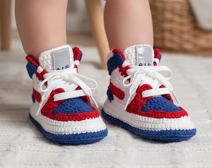 Custom Jordan-Style Navy Blue Red Baby Booties | Newborns Toddlers Walker | Girls Boys Crochet Baby Sneakers 0-3M 3-6M 6-9M 9-12M