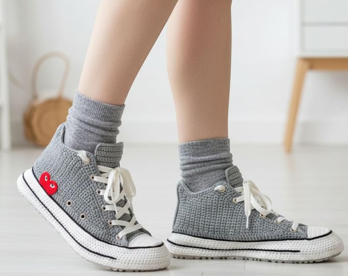 Handmade Grey Crochet Sneaker Slippers, Unisex Canvas Style Home Shoes, Cozy Breathable Indoor Footwear Gift for Him Her