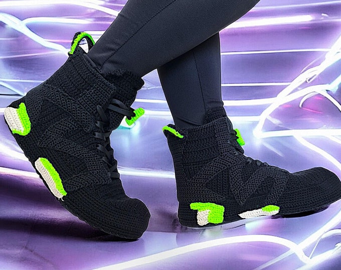 Neon Green Handmade Crochet Sneakers - Retro Jordans Inspired Slippers for Men & Women, Perfect for Sneakerheads!