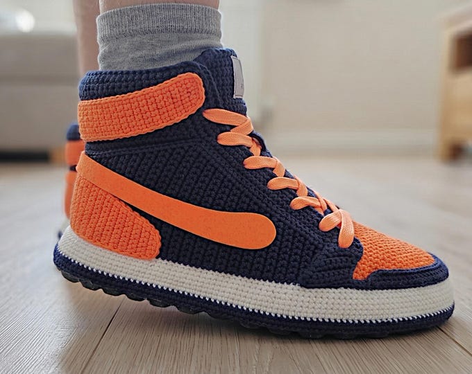 Navy Blue & Orange Jordan-Like Crochet Basketball Sneakers Slippers, Men, Women, Custom Big Sizes Shoes, Birthdays, Christmas, Anniversaries