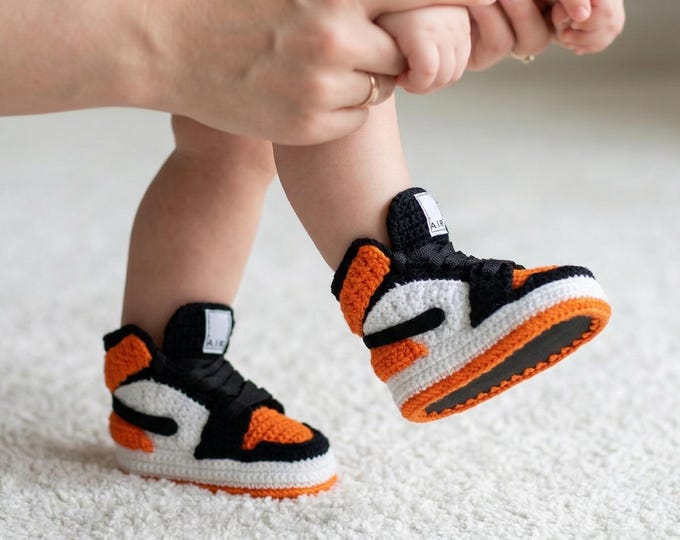 Baby Jordan-style  Orange Booties - Handmade Newborn Basketball Shoes