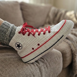 Classic Converse-style Hi Top White Crochet Sneakers Slippers | Non-Slip Sole | Eco-Friendly Wool Yarn | Custom Gift Winter | House Sneakers