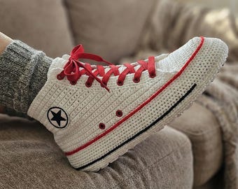 Classic Converse-style Hi Top White Crochet Sneakers Slippers