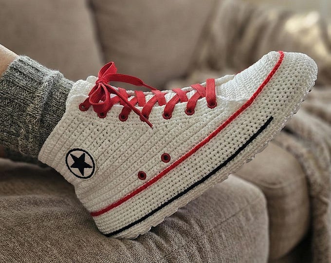 Classic Converse-style Hi Top White Crochet Sneakers Slippers | Non-Slip Sole | Eco-Friendly Wool Yarn | Custom Gift Winter | House Sneakers