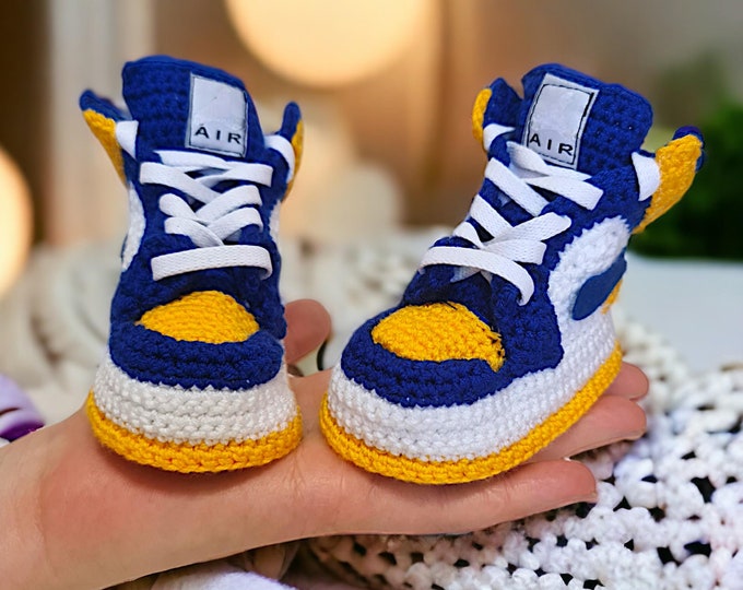 Michigan Baby Jordan Style Booties, Blue and Yellow Crochet Baby Sneakers, Custom Newborn Basketball Shoes, Gender-Neutral Baby Shower Gifts