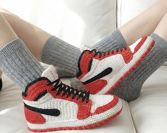 Crochet Sneakers Slippers, Custom Kicks, Retro High Top, Sneakerhead Gifts, Trendy Urban Streetwear for Men and Women, Knitted Plush Booties