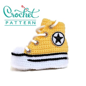 May include: A crocheted yellow high-top sneaker with white laces, a white toe cap, and a black and white star patch. The sneaker has a black stripe on the white sole. The words "Crochet PATTERN" are in the upper left corner.