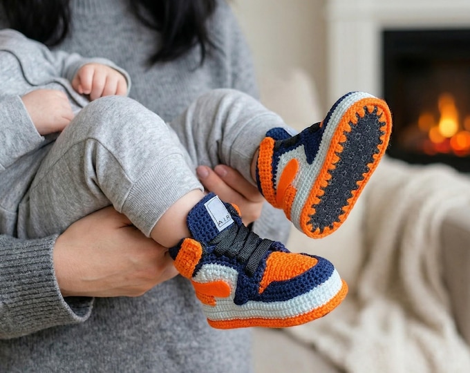 Handmade Crocheted Baby Jordan Style Sneakers in Orange and Navy Blue