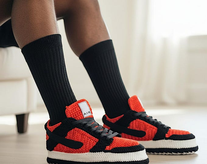 Crochet Jordan-Style Sneaker Slippers, Unisex Knit Kicks, Custom Non-Slip Men Shoes, Warm Cozy House Shoes, Basketball Fan Gift