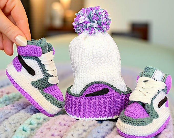 Handmade crochet baby hat and booties set in teal and purple