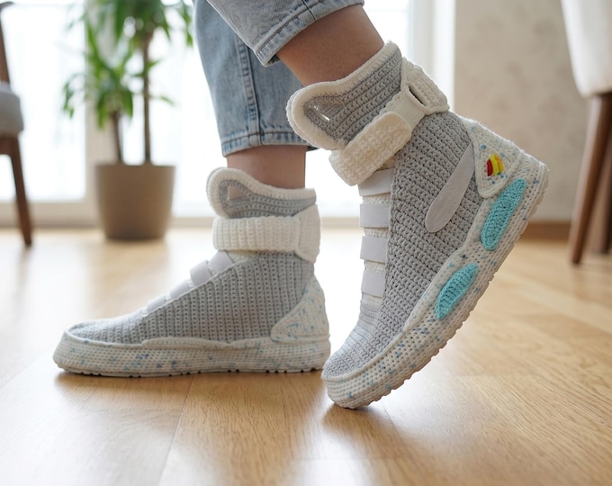 Custom Crochet Air Mag Slippers: Futuristic Back to the Future Marty McFly Sneaker House Shoes. Retro Sci-Fi Movie Gift