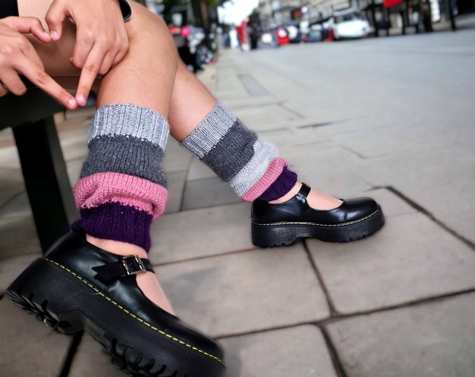 Handcrafted Grey & Pink Crochet Leg Warmers, Knee-Length, Breathable Wool Socks for Women, Street Wear Fashion, Ideal Gift for Women