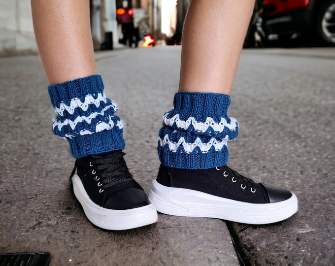 Personalized Blue & White Boot Cuffs, Custom Knit Leg Warmer, Multicolor Crochet Ankle Cuff, Bohemian Street Fashion, Girl College Stockings