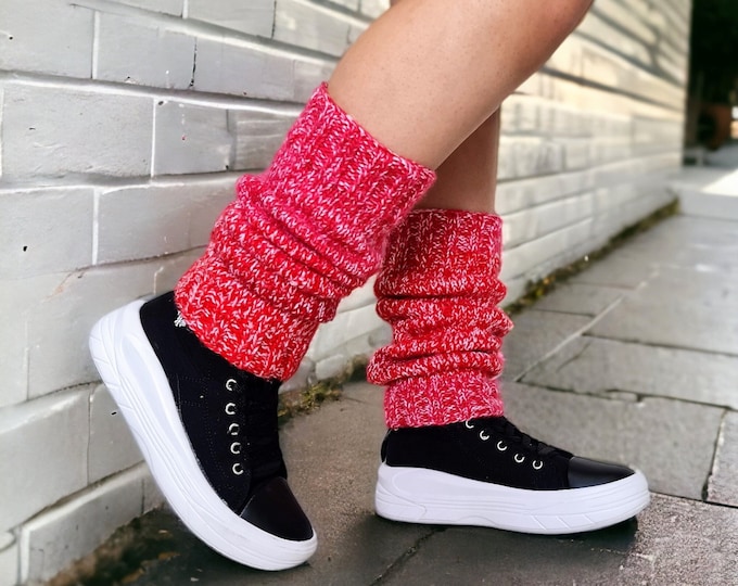 Crochet Red & White Polka Dot Crochet Leg Warmers, Knee-Length Organic Wool Socks, Spotted Leggings, Mohair Warm Woolen Long Stockings