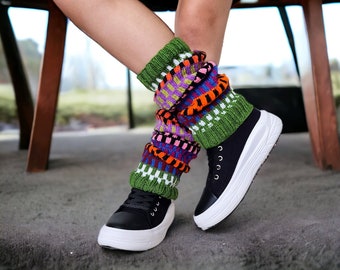 Authentic Leg Warmers, Multicolor Knitted Crochet, Bohemian Checkered Design, Patterned Long Socks, Gift for Women, Knee High Striped Socks
