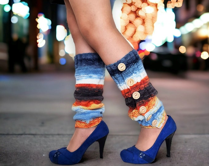 Multicolored Custom Leg Warmer, Crochet Leggings, Stylish Hand-Knitted Exotic Organic Wool Leg Warmers, Marble Chunky Yarn Knee-High Socks