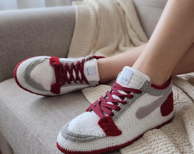 Handmade Crochet Jordan Style Slippers Maroon Grey White Sneaker House Shoes Non Slip Sole Cozy Gift for Basketball Lovers