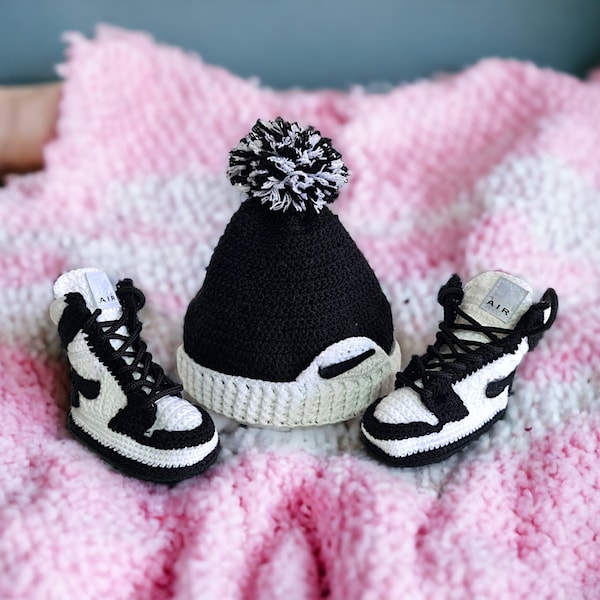Baby Retro Sneaker Hat Combo, Cozy Baby Winter Gifts, Baby Shower Gifts, Christmas Baby Cap, Crochet Baby Set, Jordan-Style Booties & Beanie