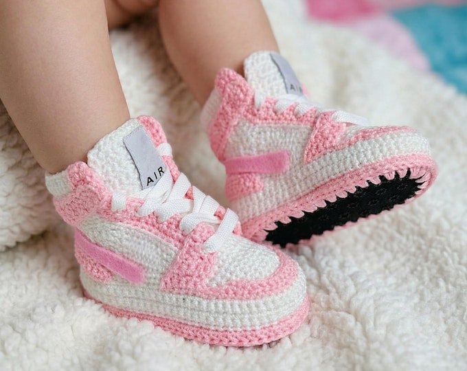 Crochet Baby Girl Jordan-Style Sneakers Booties | Wool Yarn | Gender Reveal Gift | Basketball Baby Shoes