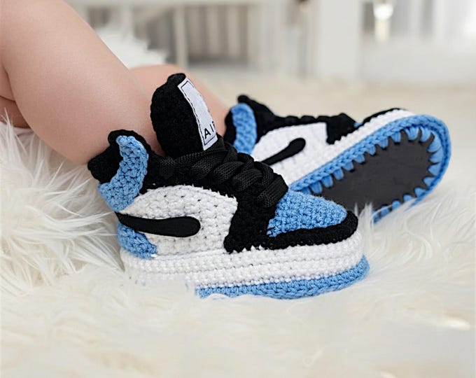 Personalized Crochet Baby Booties - Jordan Style Newborn Sneaker - Handmade Basketball High Tops - Custom Baby Shower Gift, Blue Black White