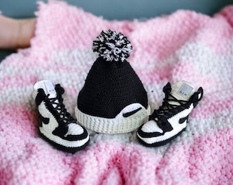 Baby Retro Sneaker Hat Combo, Cozy Baby Winter Gifts, Baby Shower Gifts, Christmas Baby Cap, Crochet Baby Set, Jordan-Style Booties & Beanie