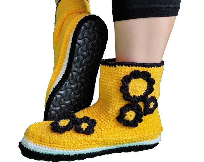 Floral Print Long Length Knee Length Women Slippers - Crochet Ladies House Booties - Non-Slip Sole Soft Shoes -Embroidered Platform Sneakers