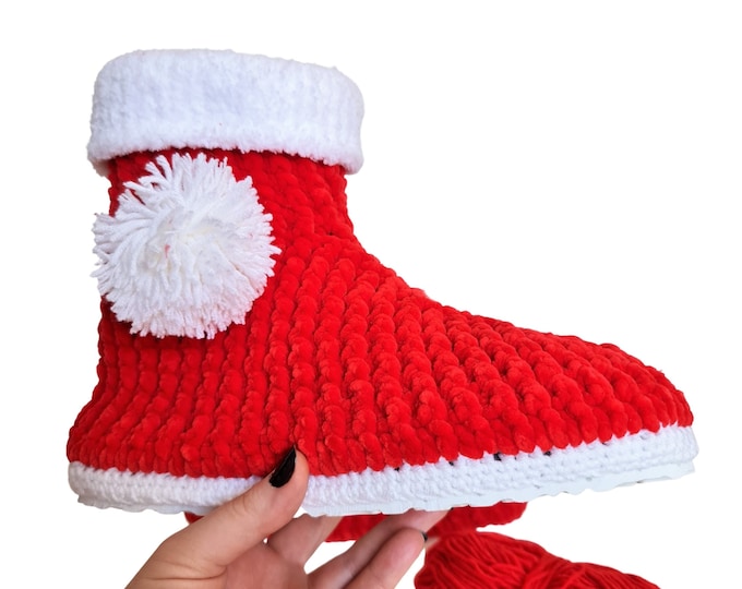 Christmas Stocking Pompom Cozy Holiday Knit Slippers Socks, Red Wool Fuzzy Non Slip Fleece Lining Knitting Winter Warm Soft Shoes, Grinchmas