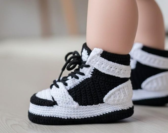 Handmade Crochet Baby Sneaker Booties - Newborn Jordan Style High-Top Shoes - Unisex Black & White Knit Infant Gift for Baby Shower