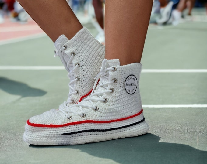Classic Converse-style Hi Top White Crochet Sneakers Slippers | Non-Slip Sole | Eco-Friendly Wool Yarn | Custom Gift Winter | House Sneakers