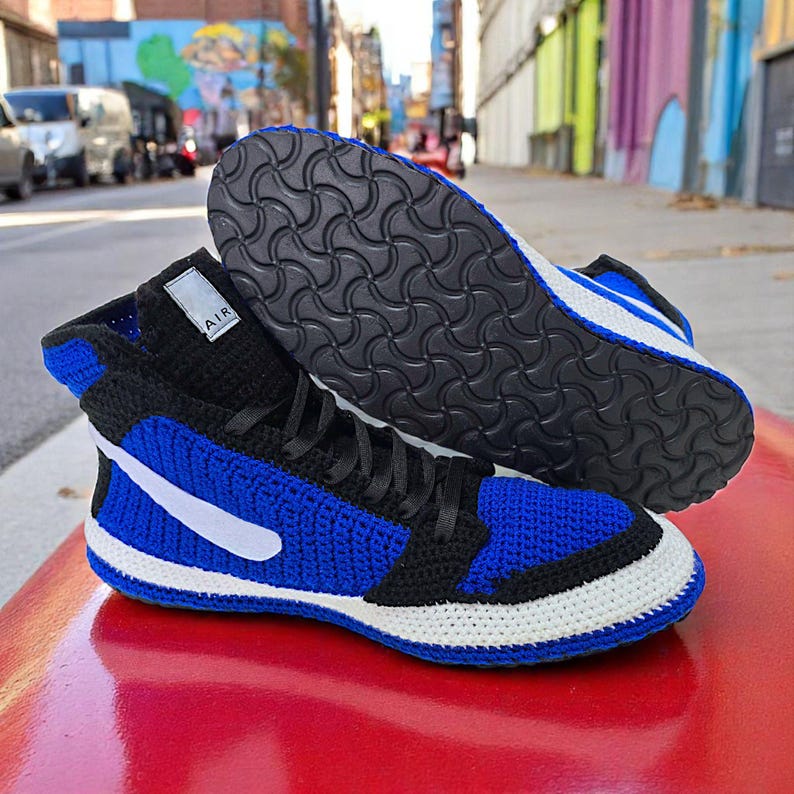 Crochet Jordan sneaker slippers for men, a cool and comfy alternative to traditional house shoes.