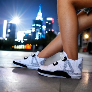 Custom AJ4 Sneaker Crochet Slippers Retro Basketball Art Meets Knit House Comfort Men Women Cute Cozy Art Sneakers Stylish House Socks