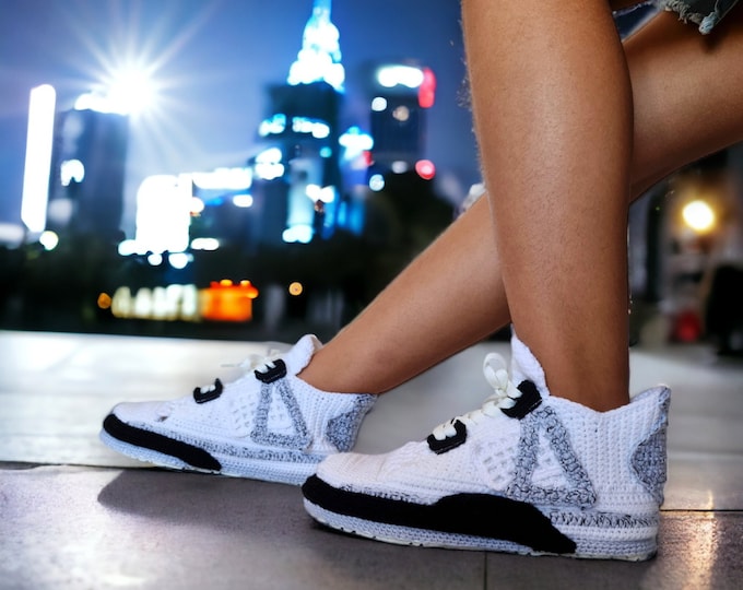 Custom AJ4 Sneaker Crochet Slipper - Cute Cozy Art Sneakers for Men and Women - Cozy House Plush AJ4 Basketball Sneakers Gifts