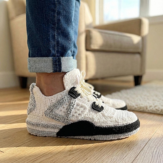 Custom Jordan Crochet Sneakers, Retro Basketball, Military Black Mens Slippers, Knitted House Shoes, Sneakerhead Gift, Plush Booties, Custom