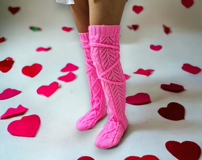 Crochet Pink Leg Warmer, Women's Knee-Length Wool Over Knee Leg Warmers, Warm Long Knitted Dance Socks, Pure Pink Organic Wool Stockings
