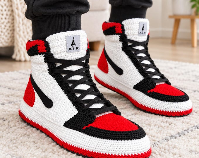 Jordan Crochet Slippers, Handmade High Top Sneaker House Shoes, Red Black White Basketball Gift for Sneaker Lovers