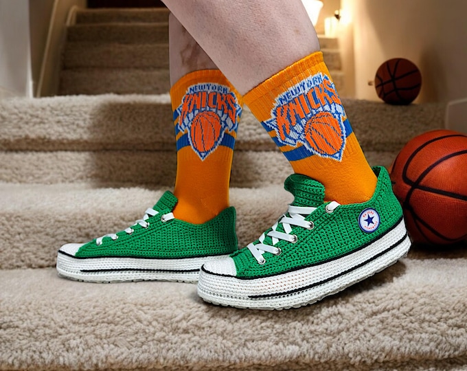 Emerald Green Crochet Converse-Style Low Top Slippers, Non-Slip EVA Rubber Sole, Comfortable Unisex House Shoes, Custom Order Sneakers Plush
