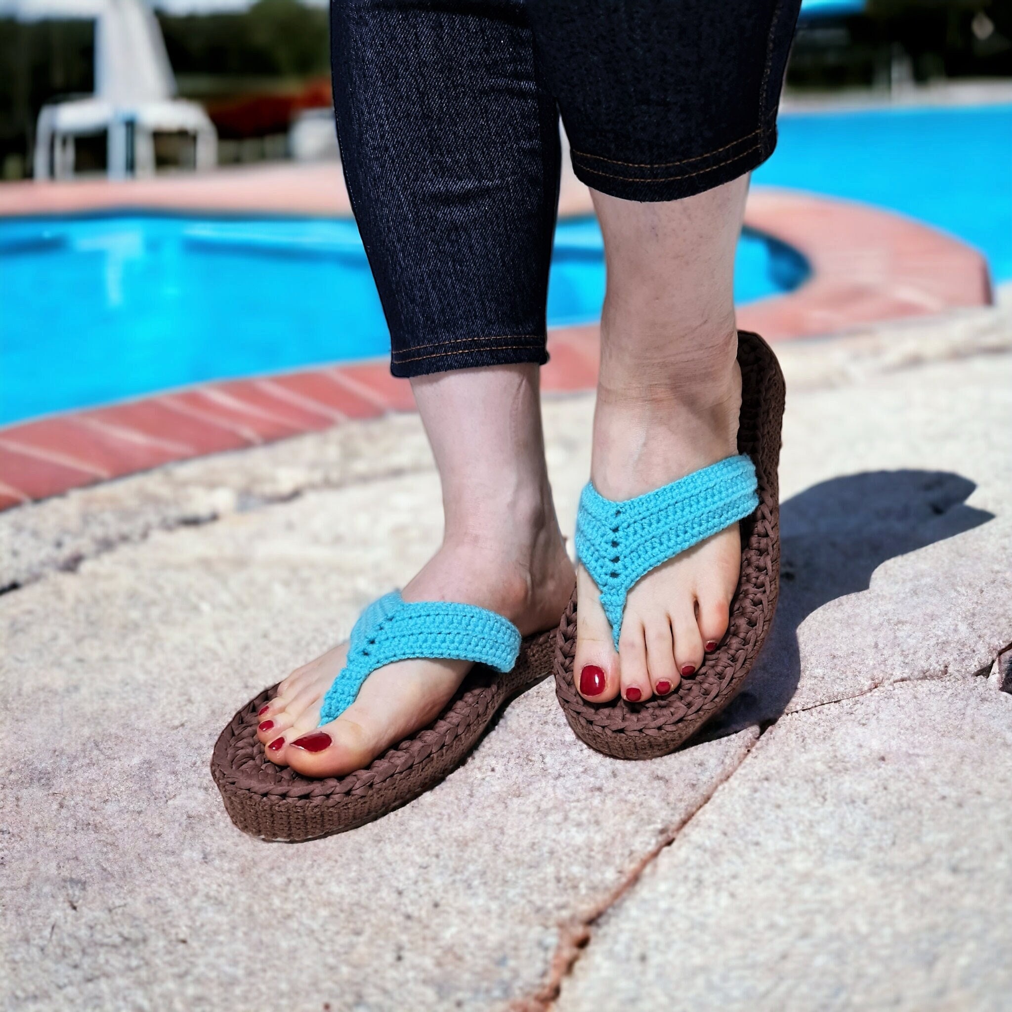 Turquoise Sandals Slip on Boho Flip Flops Pool Thong Slippers, Ocean Breeze  Crochet Stylish Handmade Sandal Summer Comfort Lightweight Clog 