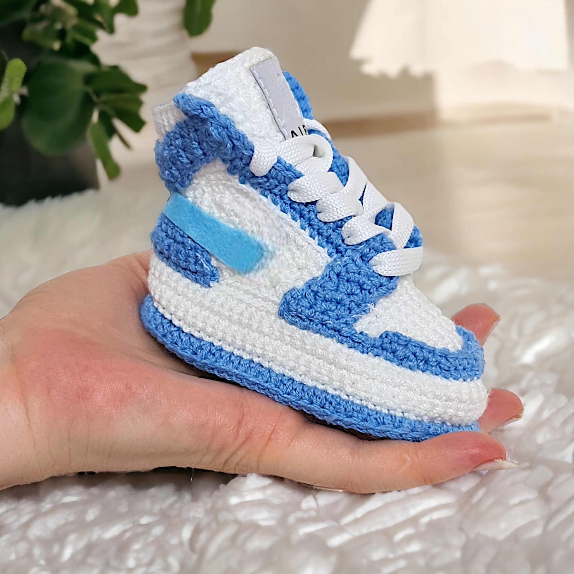 Crocheted Baby Boy Jordan style Basketball Sneakers Natural Wool Yarn Booties Blue Baby Shoes Soft Warm Non slip Socks Baby Shower Etsy