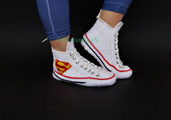 Knitting Crochet Converse Chuck Taylor All Star Hi Supermen Sneaker, Supermen WomensMens Shoes, Cosplay Superman Shoes, White Converse Gift Knitting Crochet Converse Chuck Taylor All Star Hi Supermen Sneaker, Supermen WomensMens Shoes, Cosplay Superman Shoes, White Converse Gift