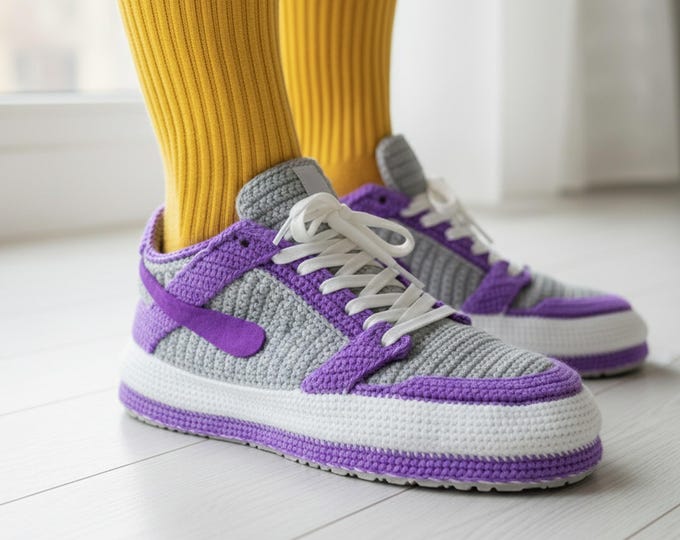 Grey Purple Crochet Jordan-Style Sneaker Slippers | Adult Cozy Knit Shoes | Handmade Low-Top House Footwear