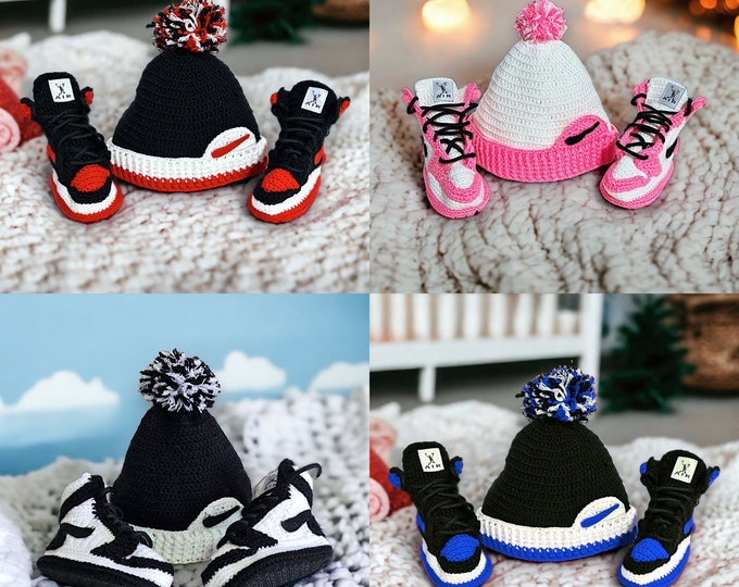 Crochet Baby Jordans Style Booties and Beanie Set | Baby Shower Favors | Newborn Crib Shoes | Newborn Photo Prop | Gender Neutral Baby Gift
