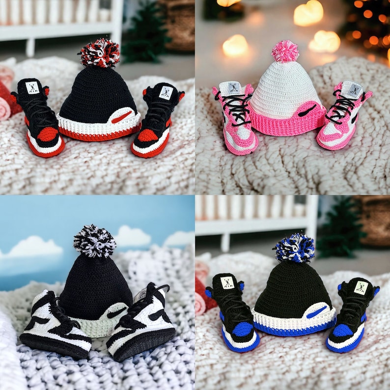 Crochet Baby Jordans Style Booties and Beanie Set | Baby Shower Favors | Newborn Crib Shoes | Newborn Photo Prop | Gender Neutral Baby Gift