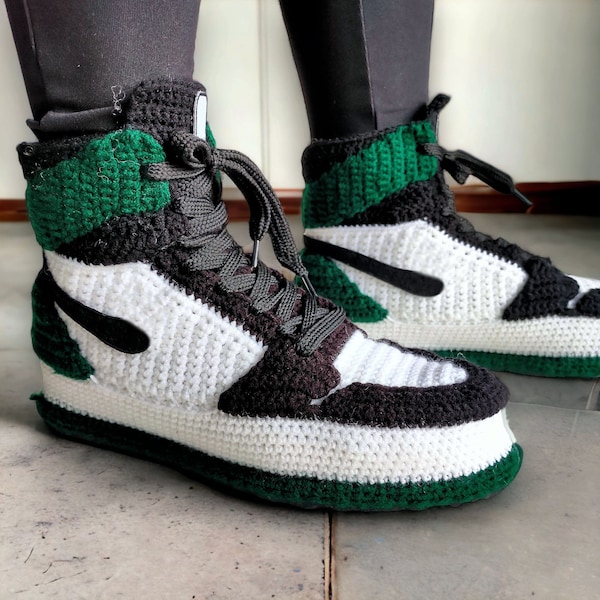 Emerald Green Crochet Slippers, Custom Knitted Sneakers, High Top Basketball Gift, Personalized Gothic Hypebeast Art, Rare Sneakers Plush