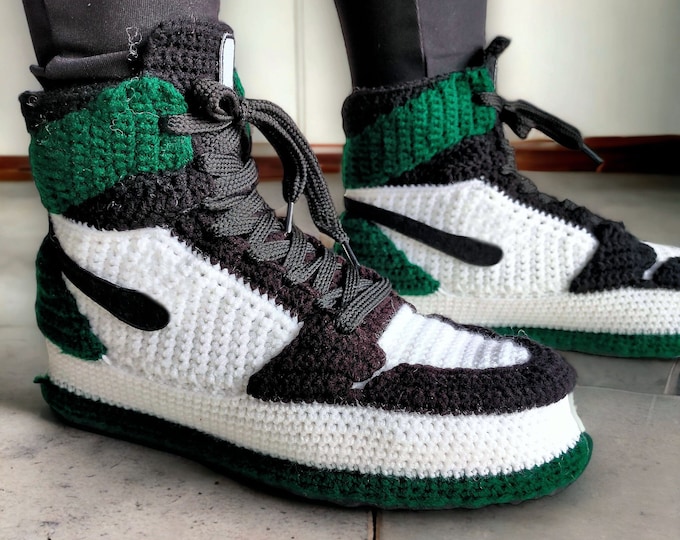 Emerald Green Crochet Slippers, Custom Knitted Sneakers, High Top Basketball Gift, Personalized Gothic Hypebeast Art, Rare Sneakers Plush
