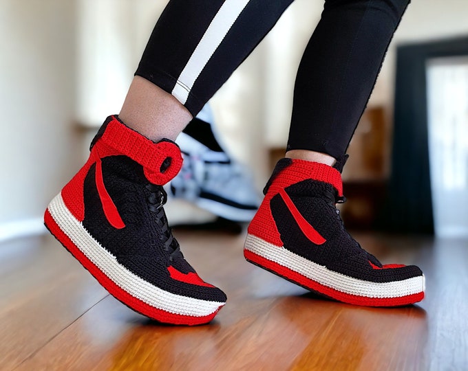 Custom Jordan-Style High Top Sneaker Slippers - Red and Black Unisex Knitted Shoes | Personalized Plush House Plush Shoes | Sneakerhead Gift