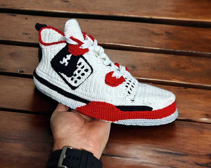 Jordan-Style AJ4 Basketball Sneaker Slippers - Retro Red Custom Made Shoes - Gift for Sneakerheads - Custom Crochet Basketball Slippers