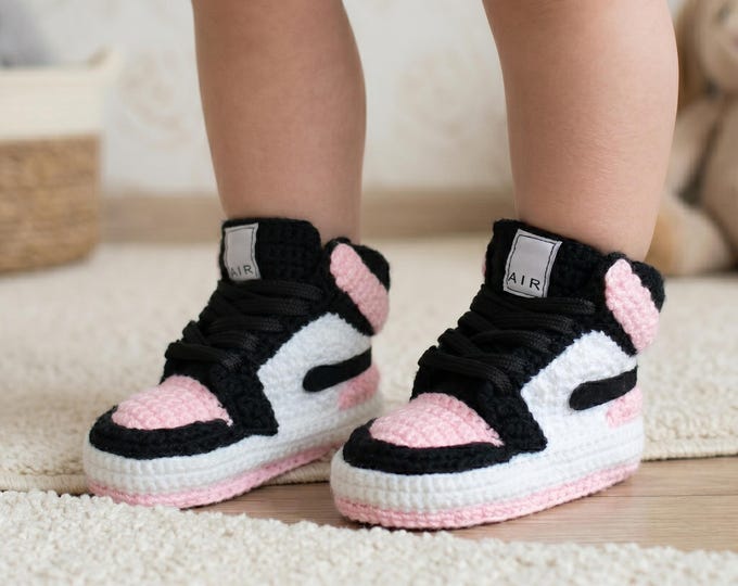 Pink Jordan Style Crochet Baby Sneakers - Newborn Girl Basketball Shoes - Handmade Infant High Tops - Skin Friendly Baby Shower Gift