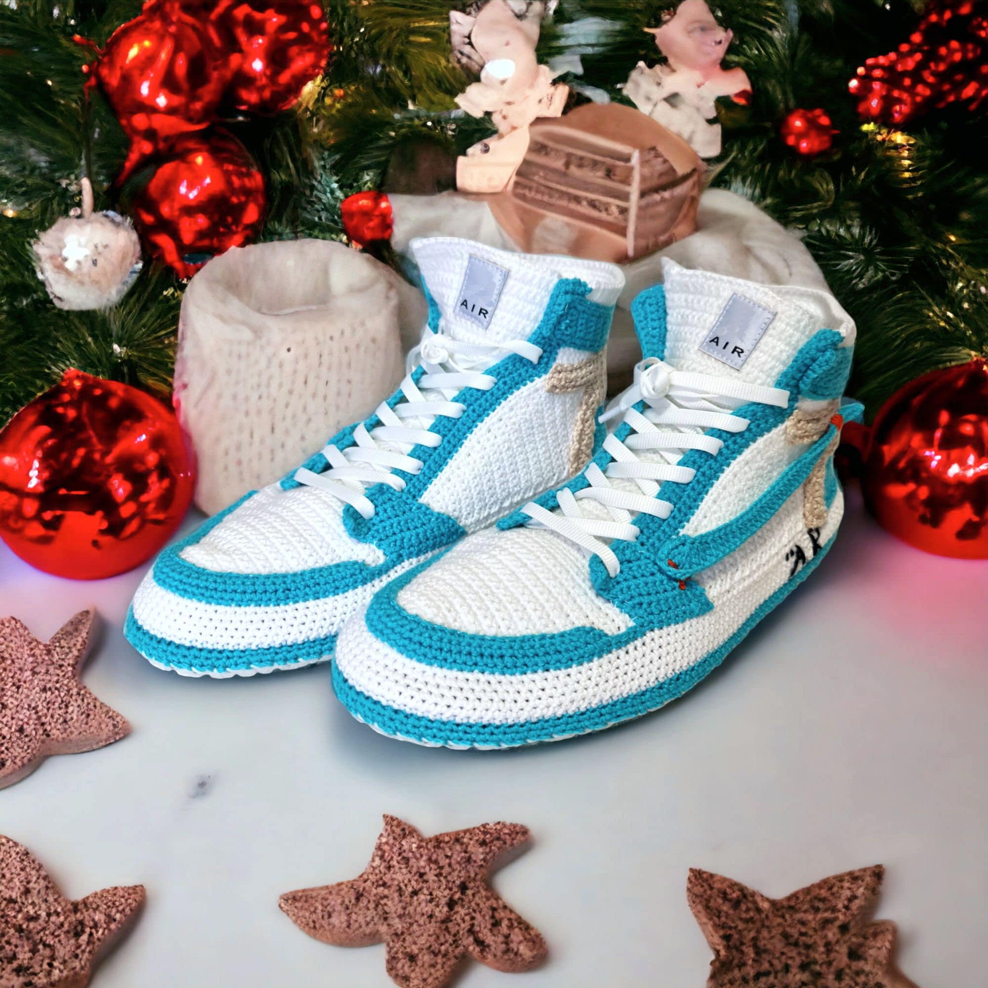 High-Top Crochet Basketball Sneaker Slippers, alternate angle and handmade details by By Seay